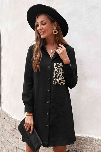 Leopard Patch Textured Shirt Dress