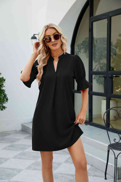 Notched Neck Flounce Sleeve Mini Dress