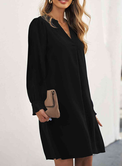 Long Puff Sleeve Notched Neck Dress