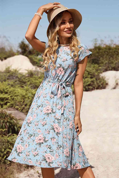 Floral Tie-Waist Pleated Dress