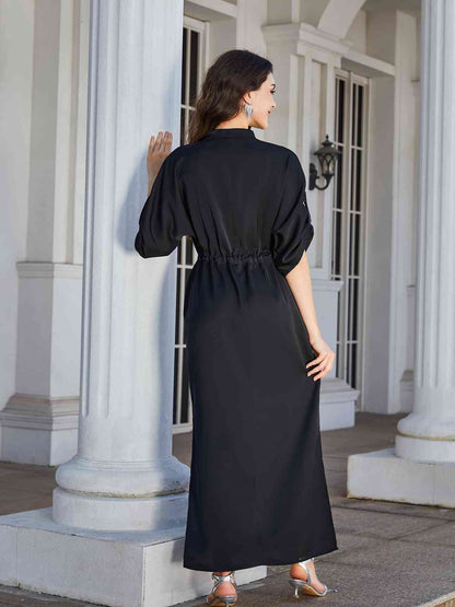High Slit Roll-tab Sleeve Notched Neck Maxi Dress