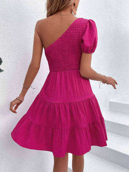 One-Shoulder Smocked Tiered Dress