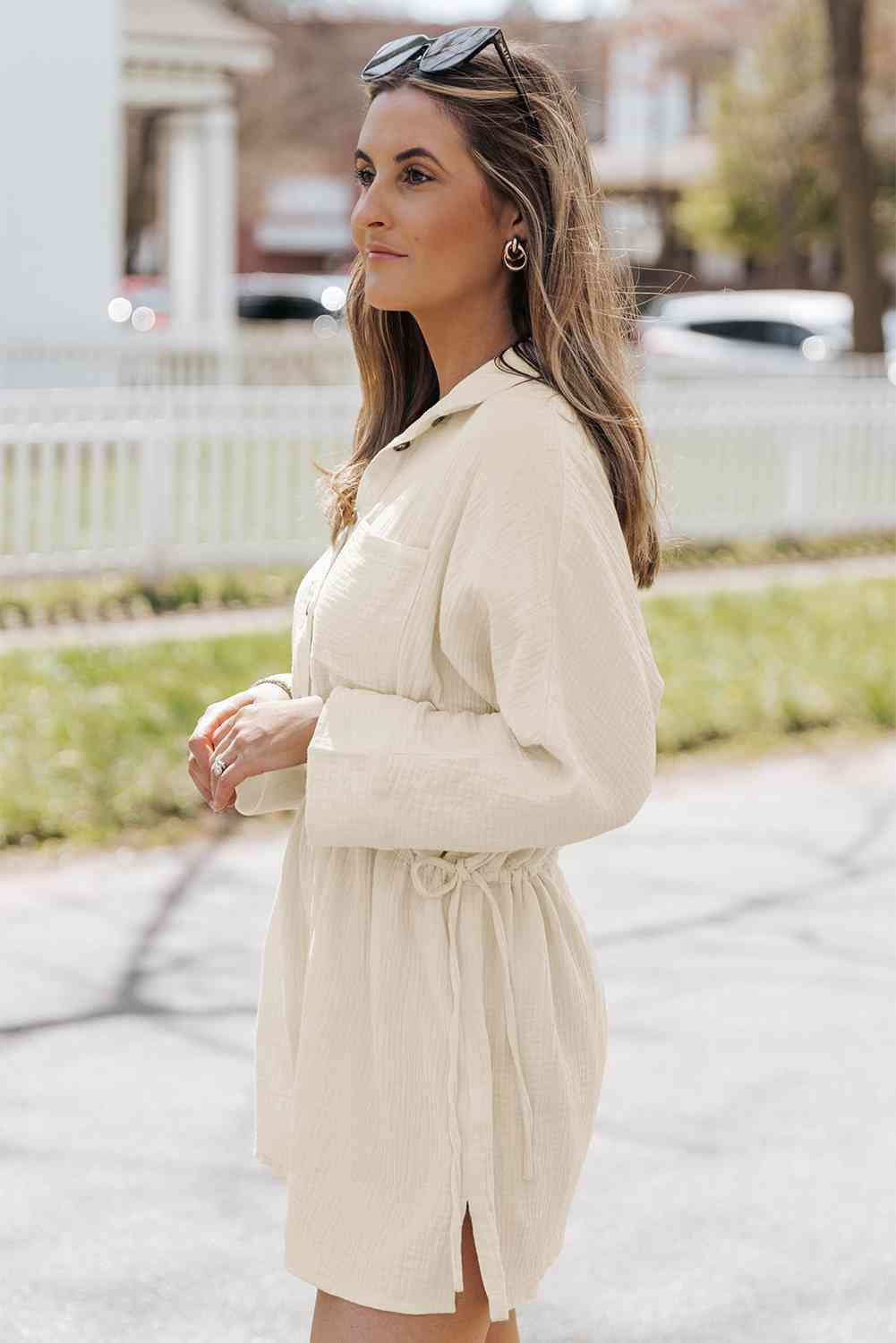 Button-Up Long Sleeve Collared Neck Mini Dress