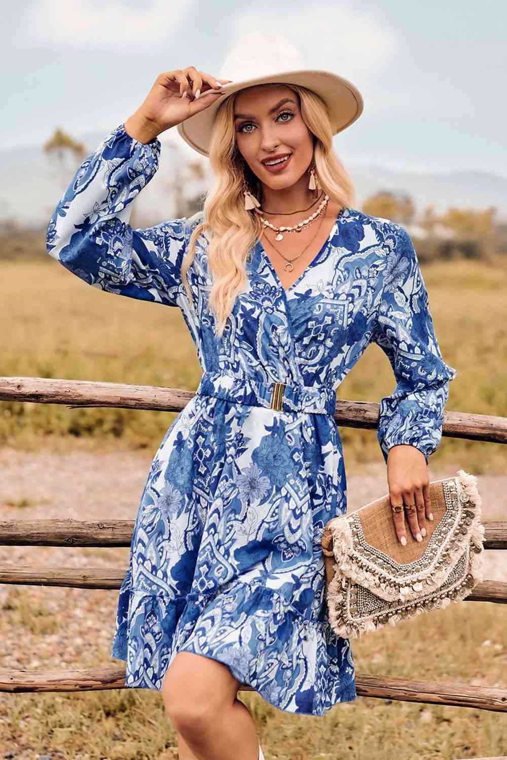 Printed Surplice Neck Long Sleeve Dress