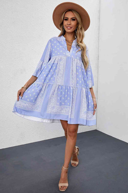 Paisley Three-Quarter Sleeve Mini Dress