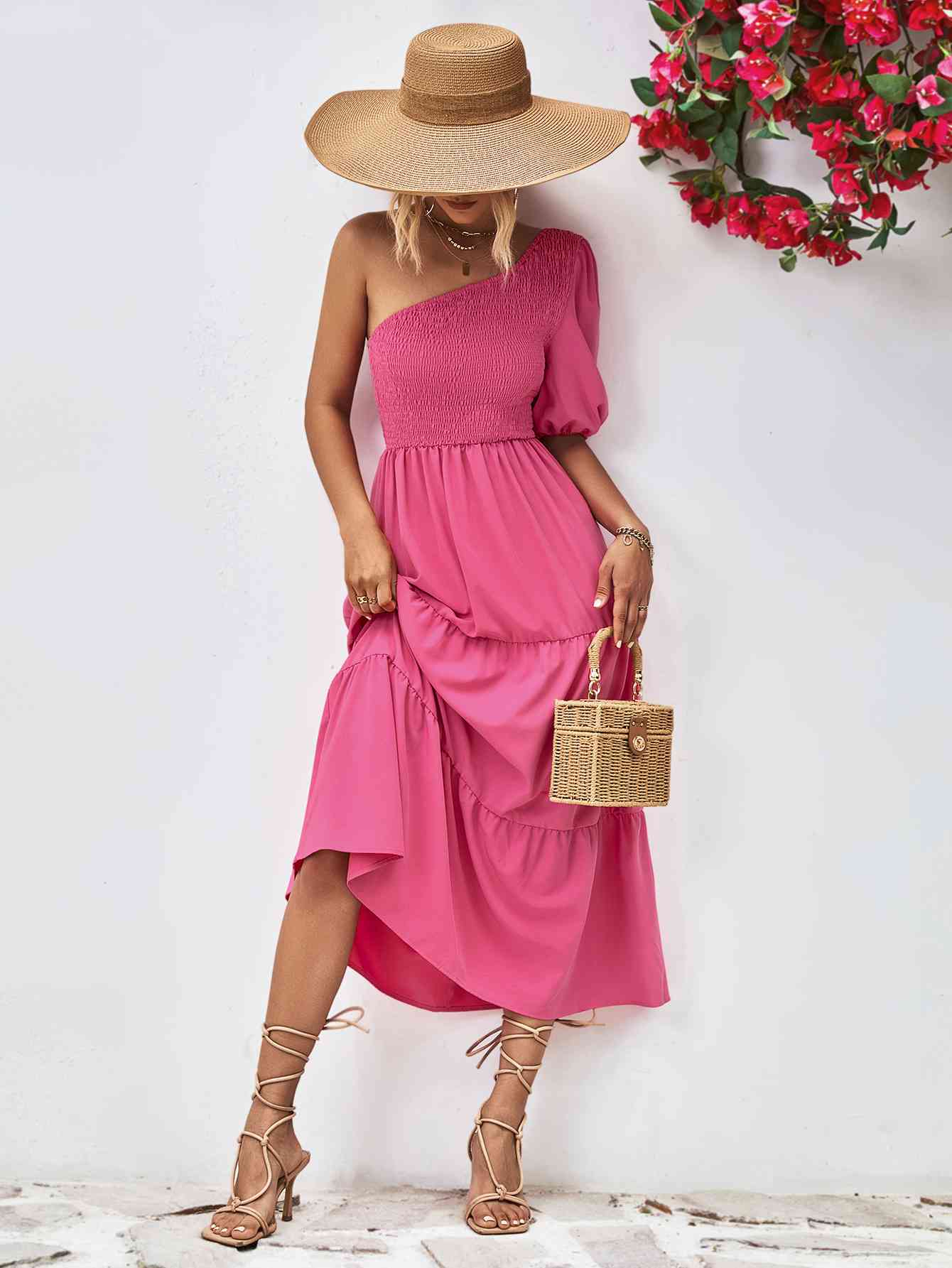 Smocked One-Shoulder Midi Dress