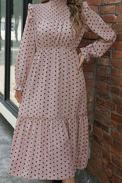 Polka Dot Smocked Frill Trim Dress