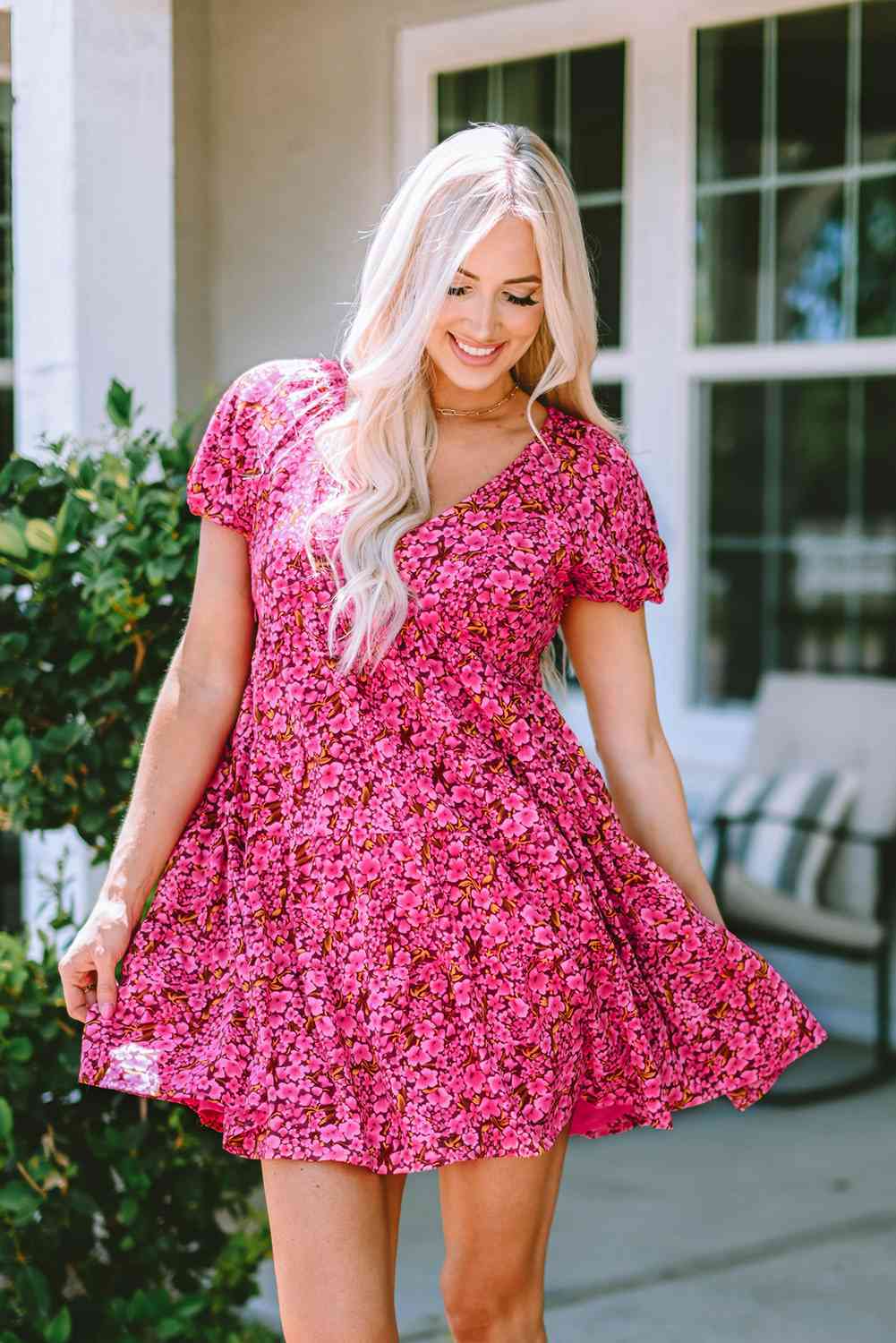 Floral V-Neck Short Sleeve Mini Dress