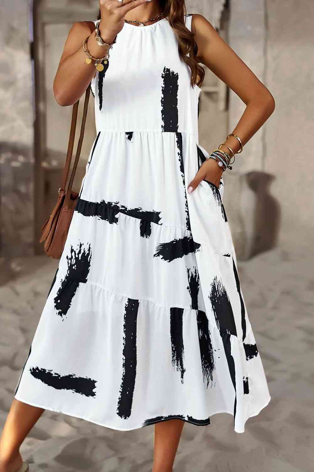 Printed Sleeveless Midi Dress with Pocket