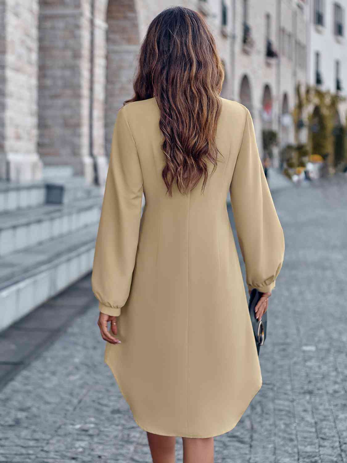 Notched Neck Long Sleeve Dress