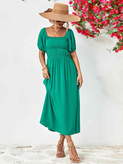 Off-Shoulder Balloon Sleeve Midi Dress