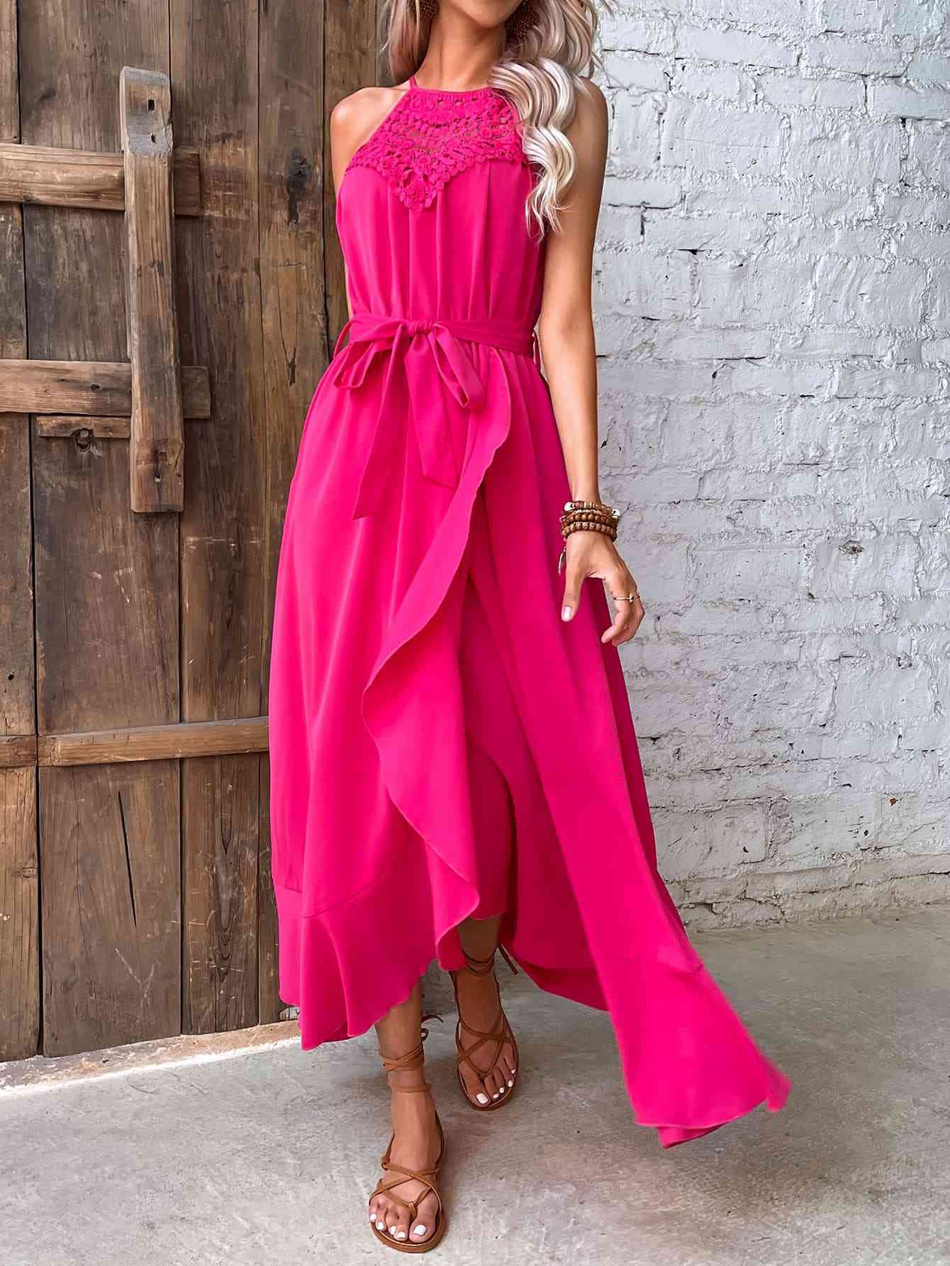 Grecian Neck Tie Belt Dress