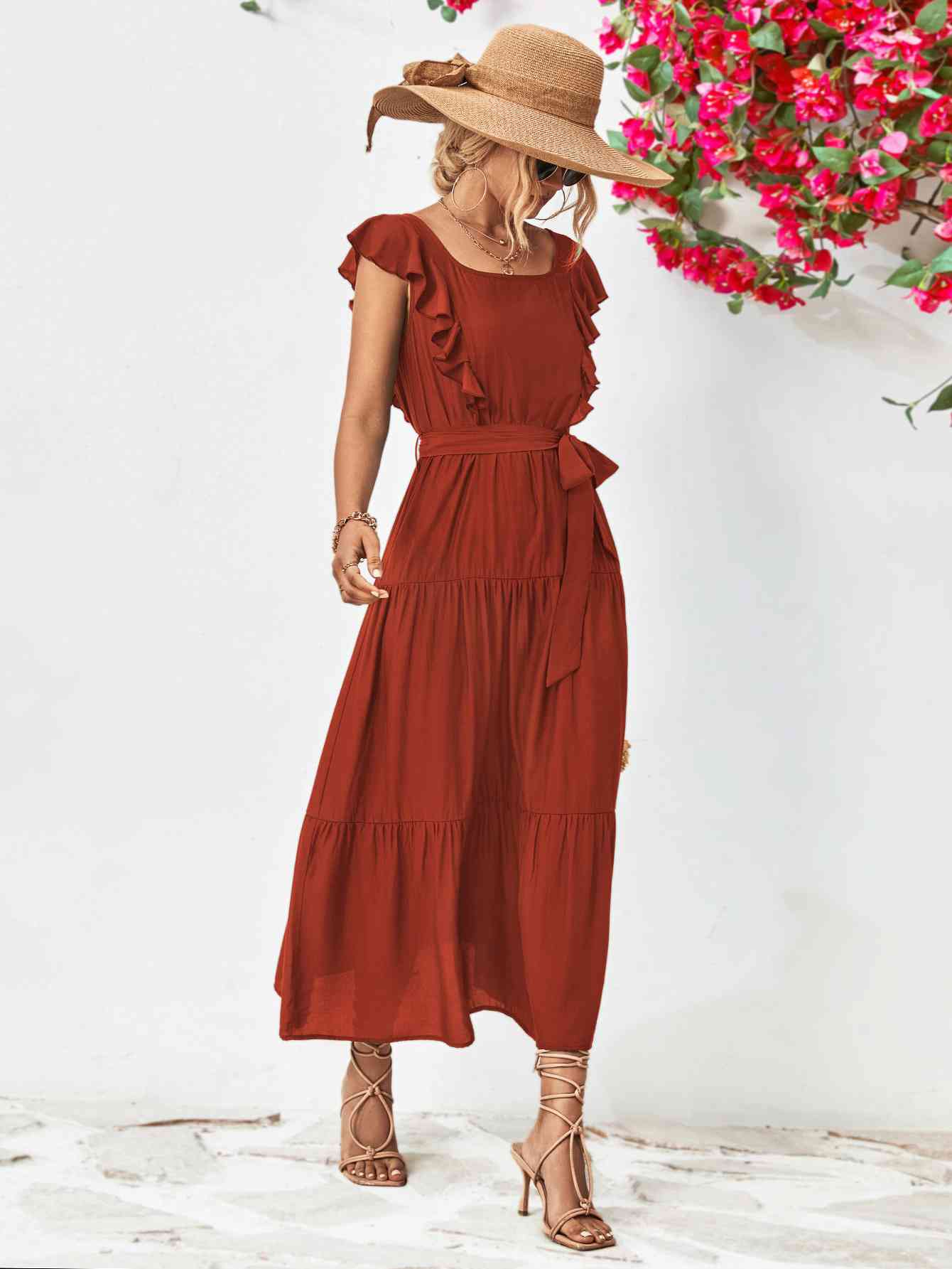 Tie Belt Ruffled Tiered Dress