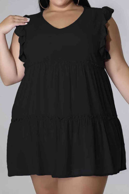 Plus Size V-Neck Frill Trim Mini Dress