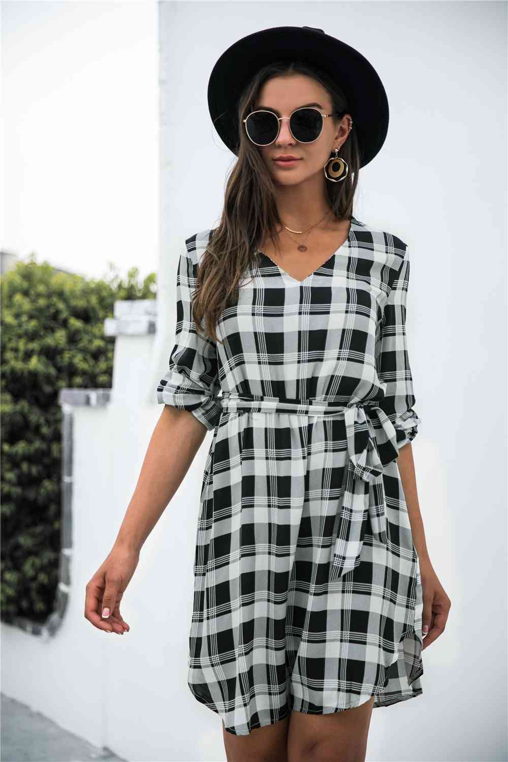 Plaid V-Neck Tie Waist Dress