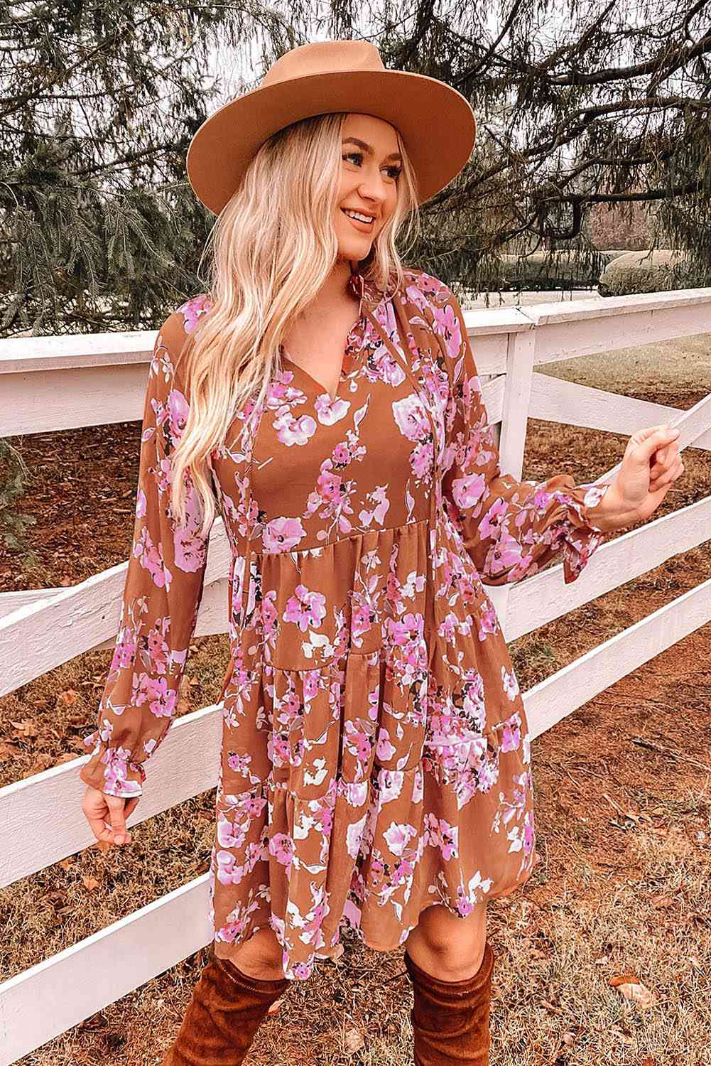 Floral Flounce Sleeve Tiered Dress