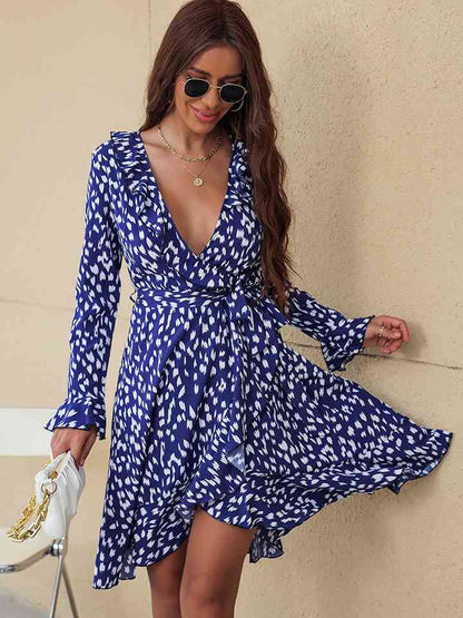 Printed Deep V Tie Waist Dress