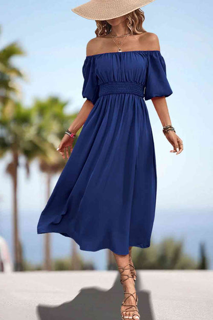 Square Neck Smocked Waist Puff Sleeve Midi Dress