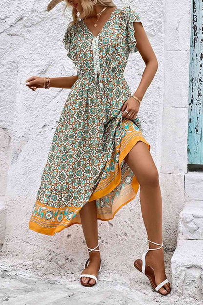 Bohemian V-Neck Flutter Sleeve Dress