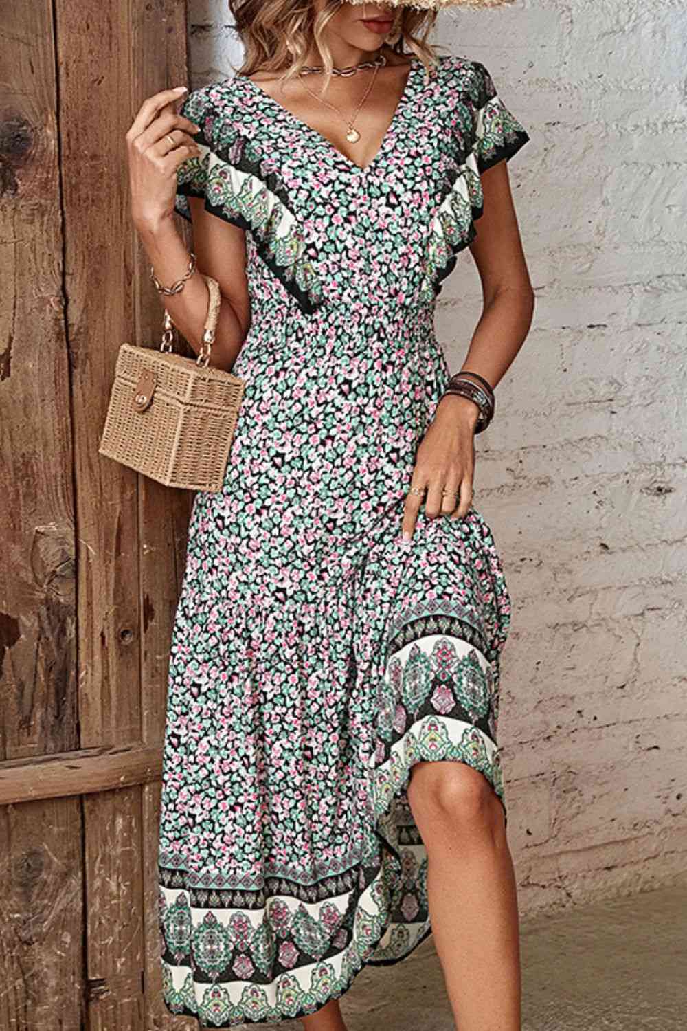 Ditsy Floral Ruffled Plunge Dress