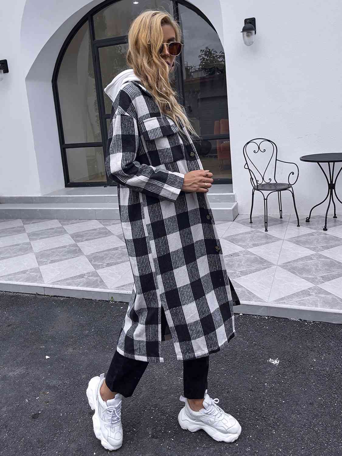 Plaid Collared Neck Slit Longline Coat