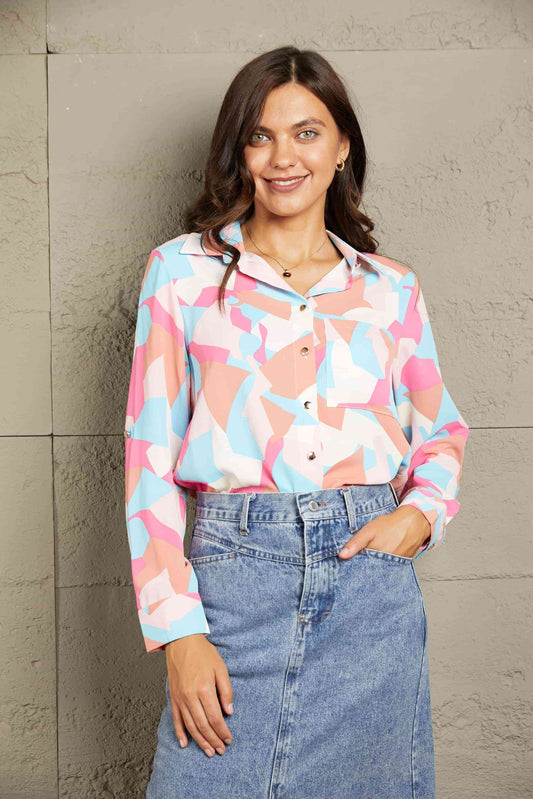 Double Take Multicolored Long Sleeve Collared Shirt
