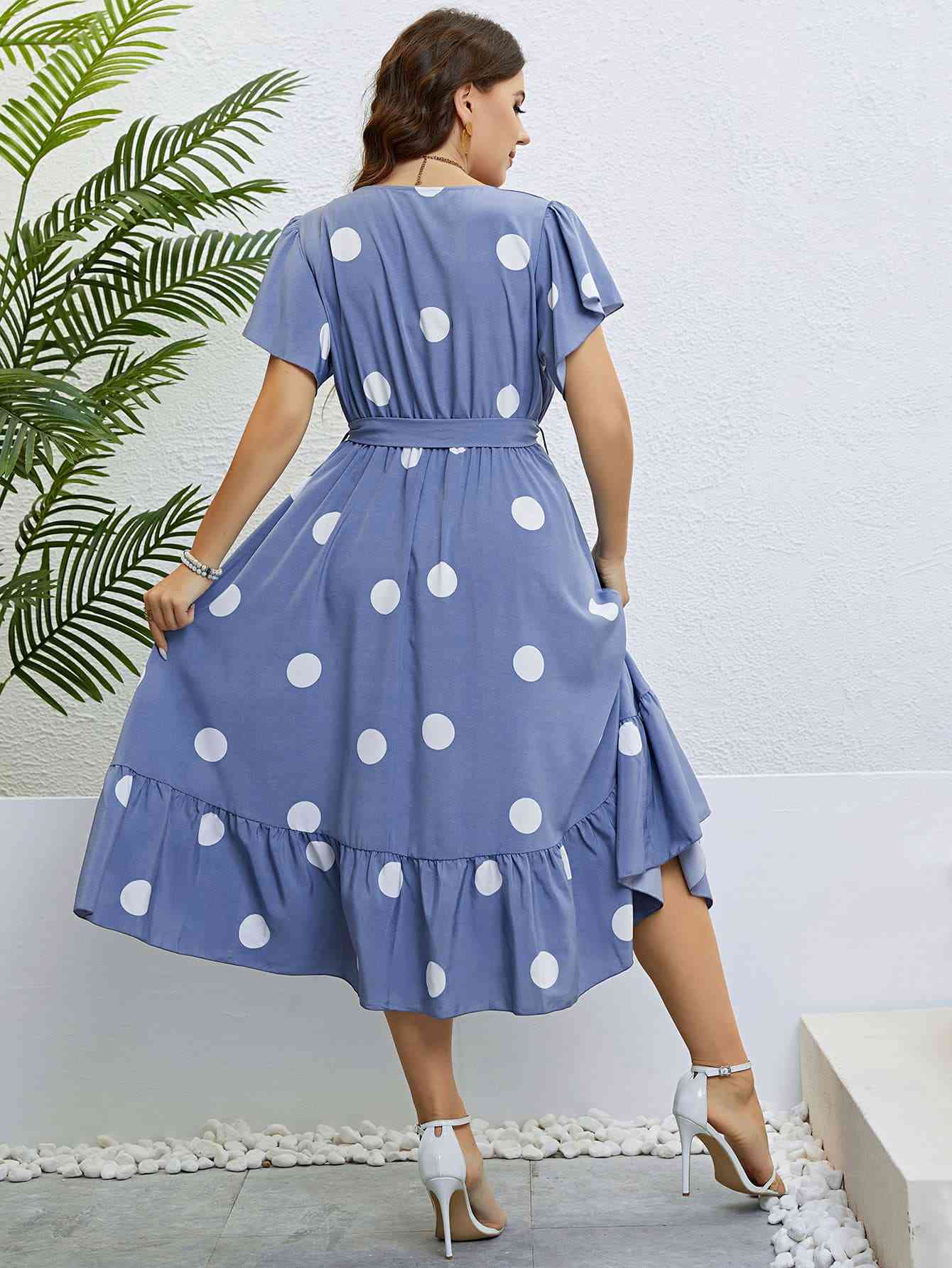 Polka Dot Belted Flutter Sleeve Ruffle Hem Dress