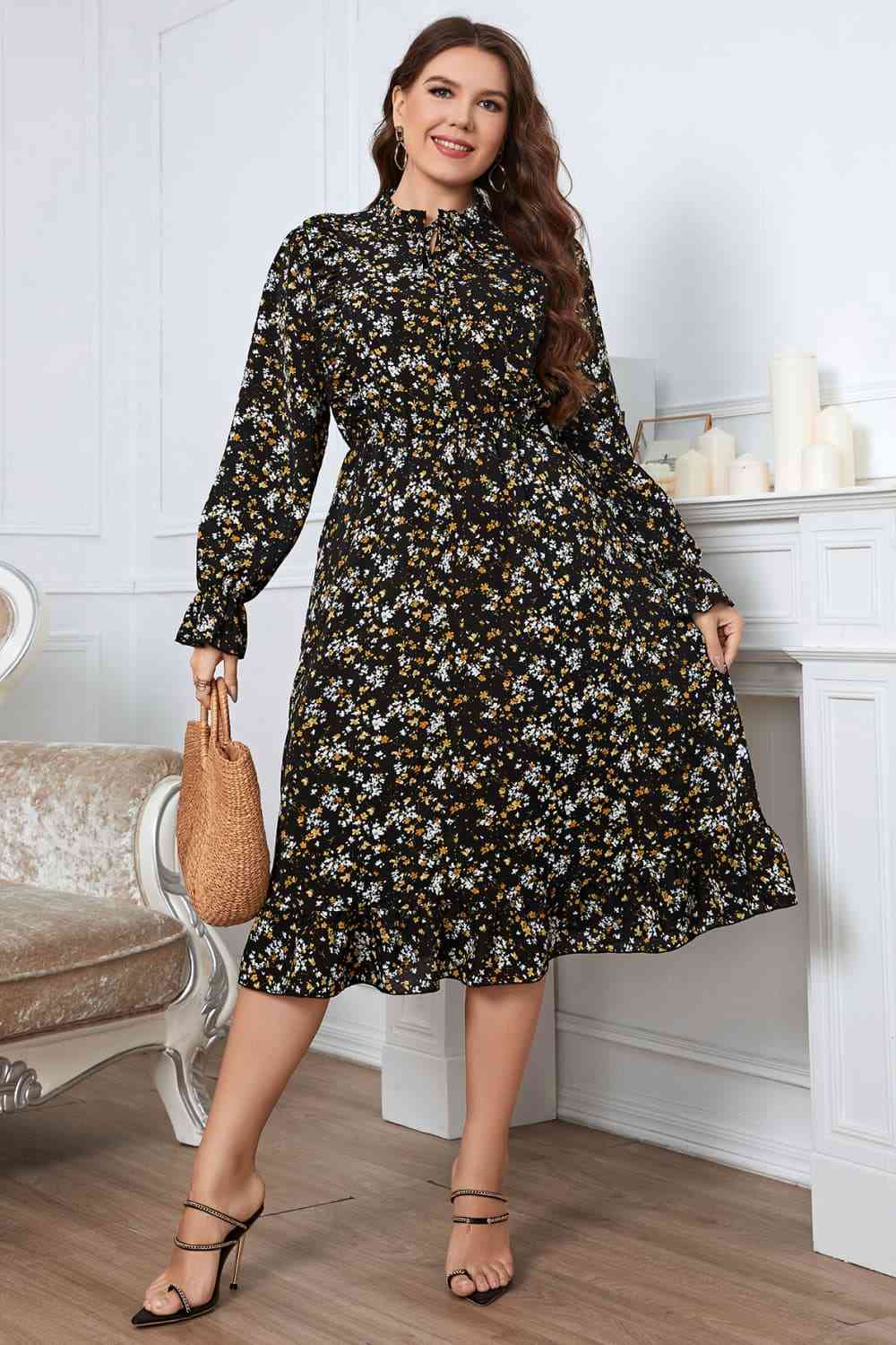 Melo Apparel Plus Size Floral Flounce Sleeve Midi Dress