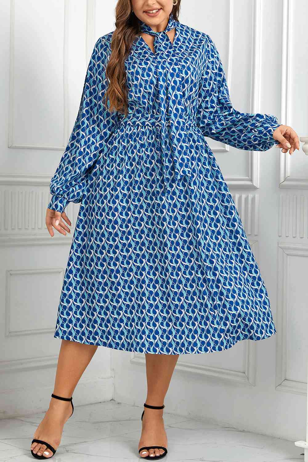 Plus Size Printed Tie Neck Midi Dress