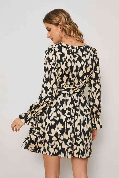 Animal Print Surplice Neck Long Flounce Sleeve Dress