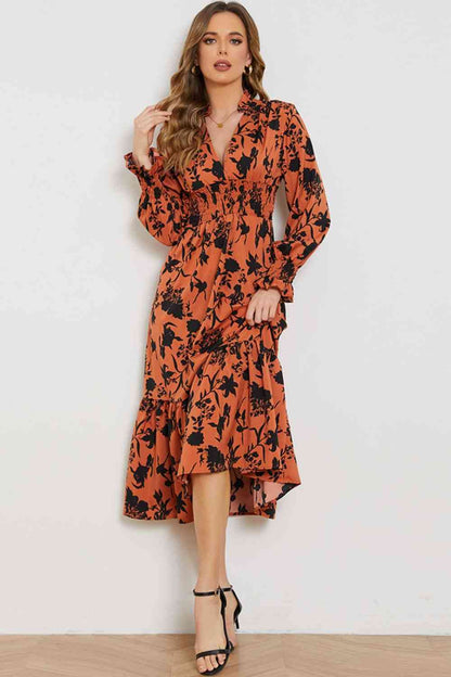 Floral Smocked Long Flounce Sleeve Dress