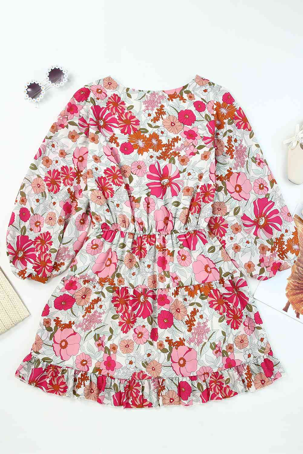 Floral Balloon Sleeve Ruffle Hem Dress