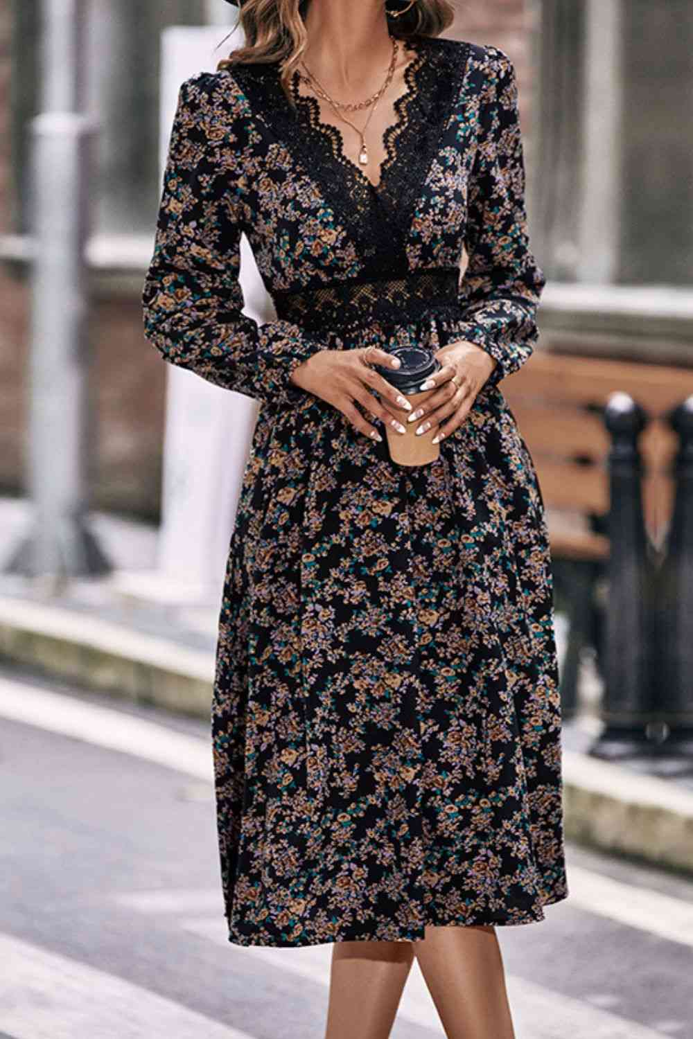 Floral Spliced Lace V-Neck Dress