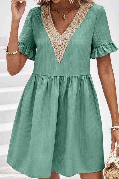 V-Neck Flounce Sleeve A-Line Dress