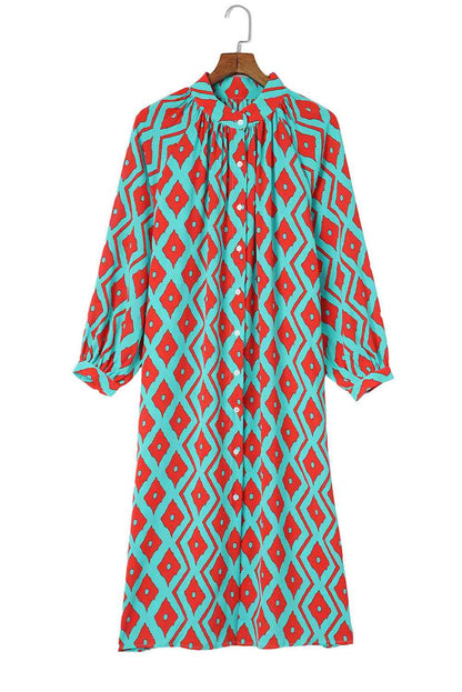 Printed Button-Down Mock Neck Dress