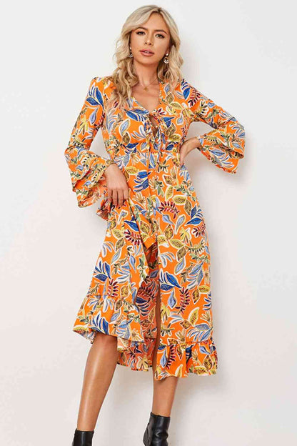 Printed Layered Flare Sleeve Split Tied Dress