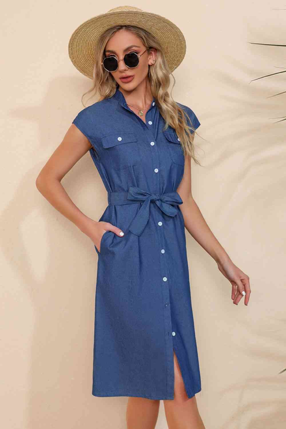 Button Down Belted Denim Dress