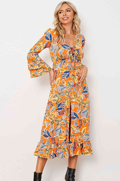 Printed Layered Flare Sleeve Split Tied Dress