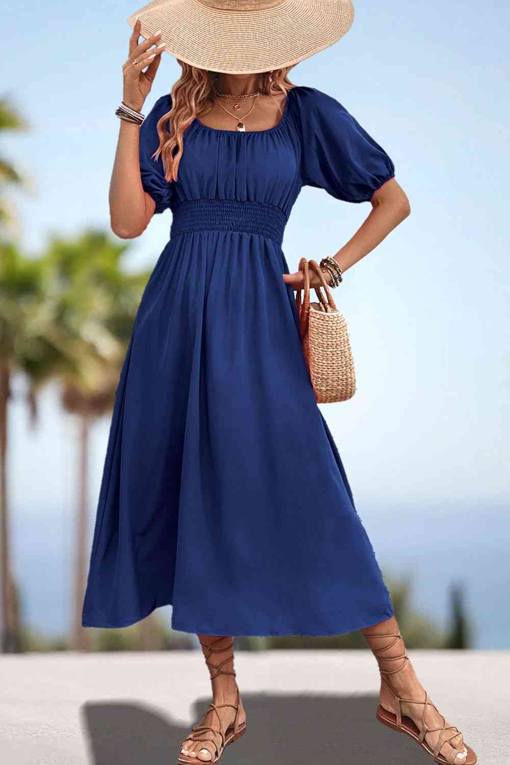 Square Neck Smocked Waist Puff Sleeve Midi Dress