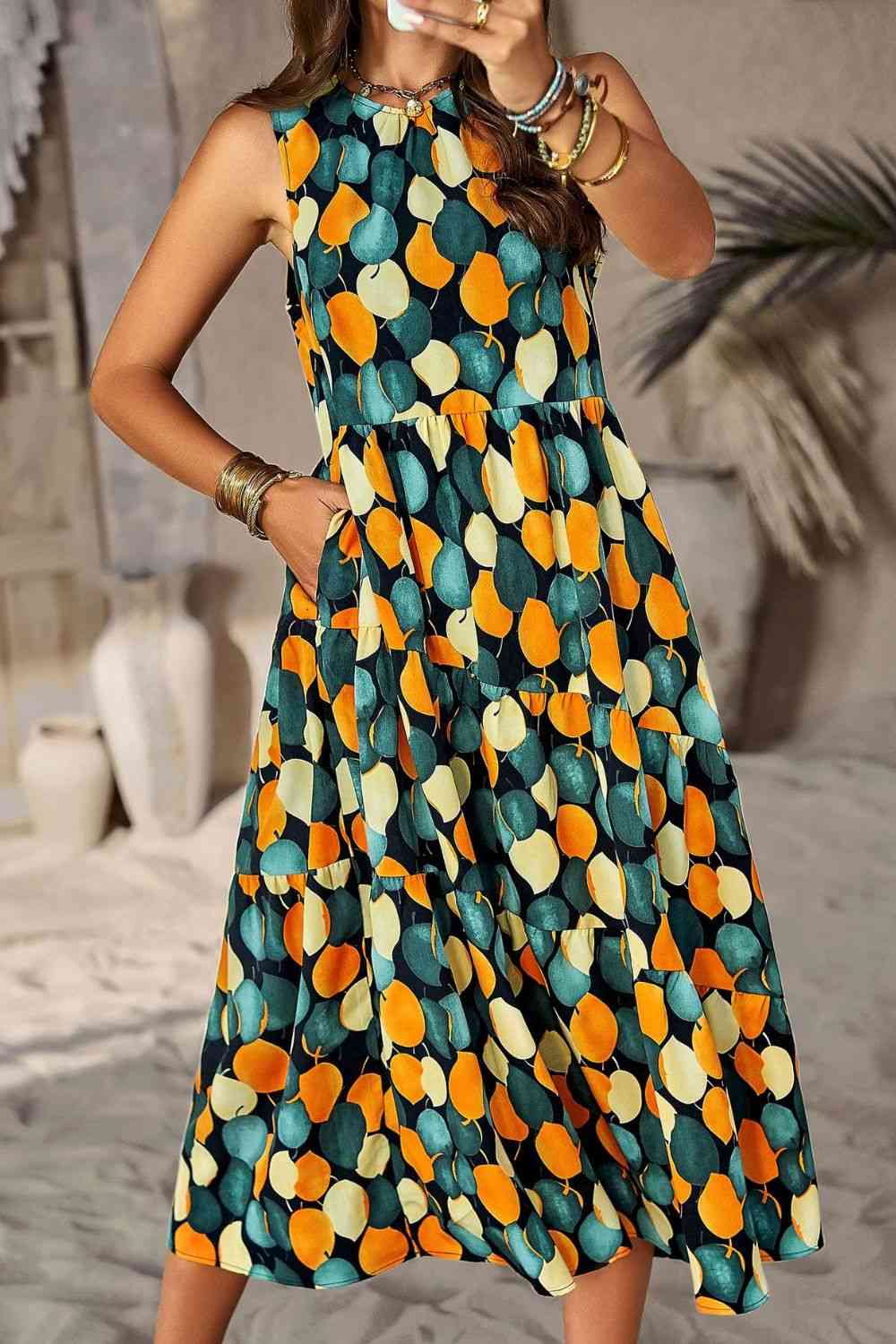 Printed Sleeveless Midi Dress with Pocket