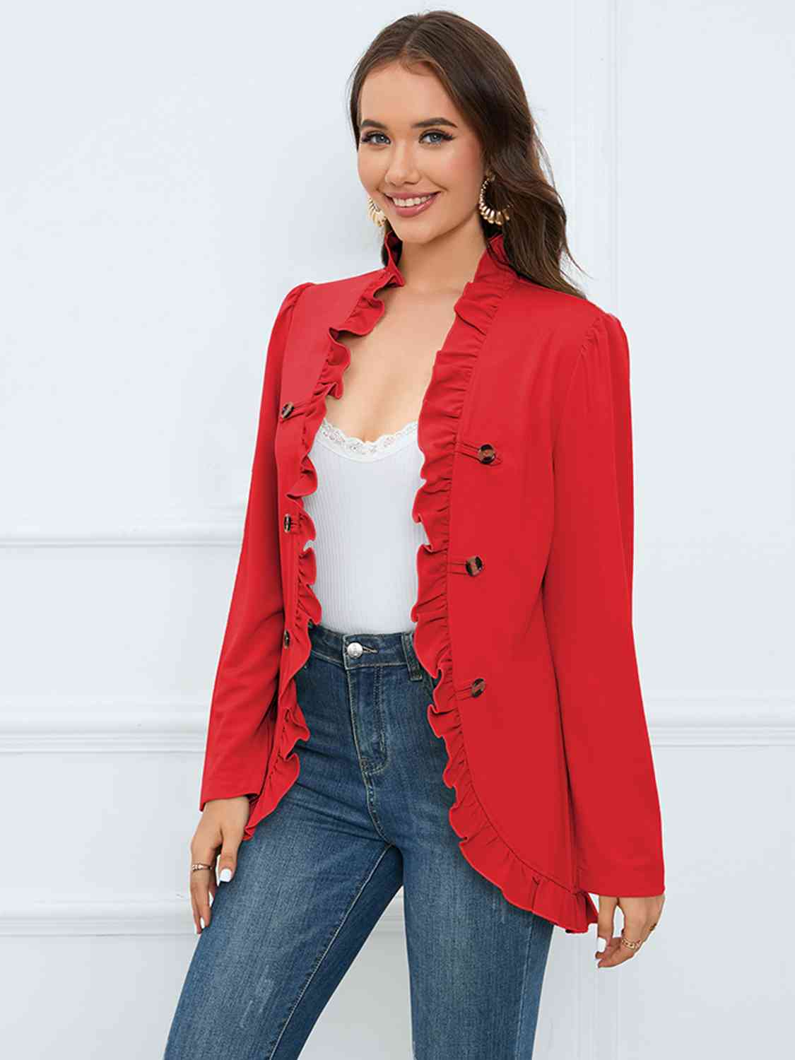 Ruffle Trim Long Sleeve Blazer