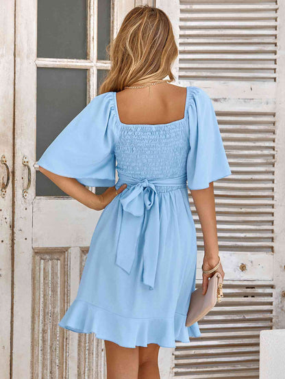 Smocked Tie Back Ruffle Hem Dress