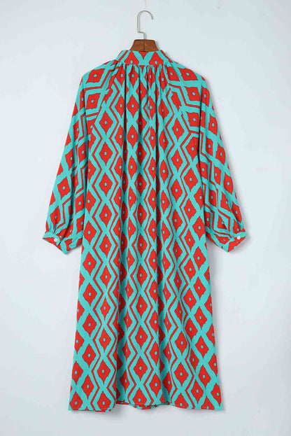 Printed Button-Down Mock Neck Dress