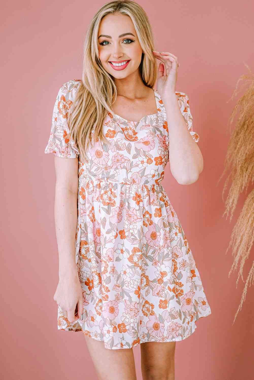 Floral Tie-Back Puff Sleeve Dress