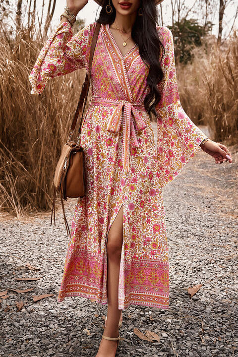 Bohemian Surplice Neck Slit Dress