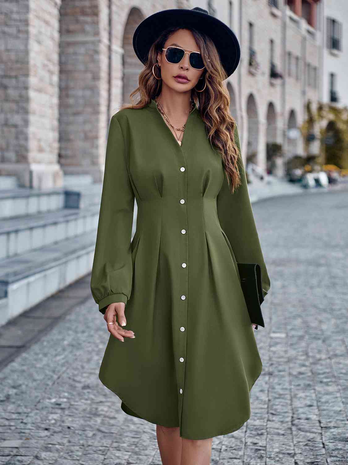 Notched Neck Long Sleeve Dress