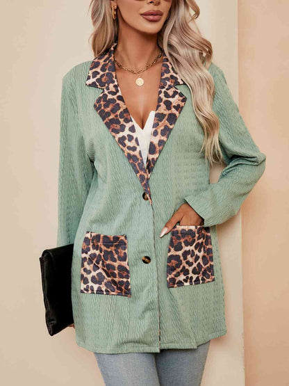 Leopard Buttoned Lapel Collar Blazer with Pockets