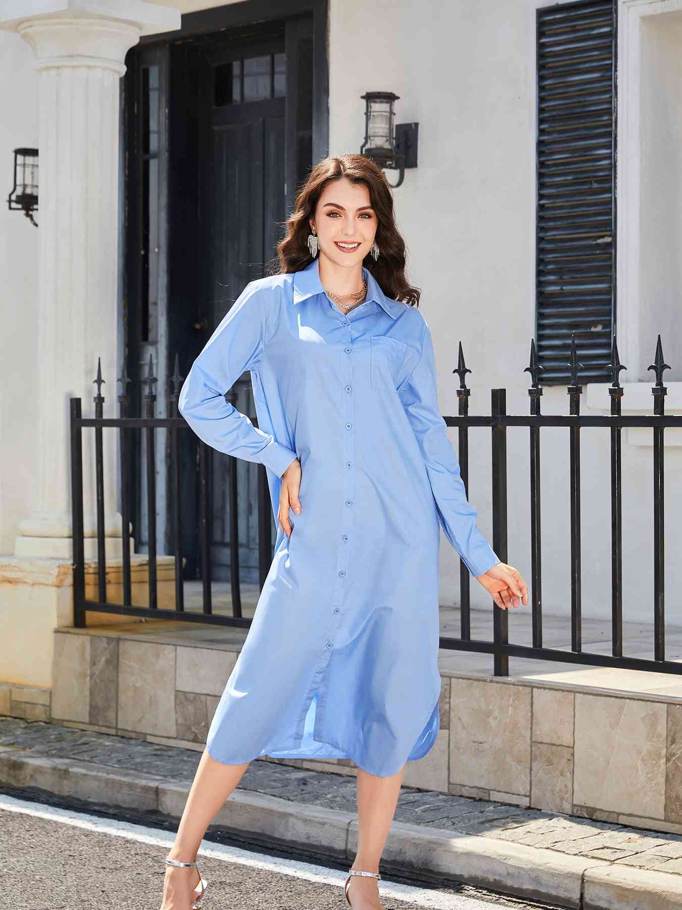 Long Sleeve Side Slit Midi Shirt Dress