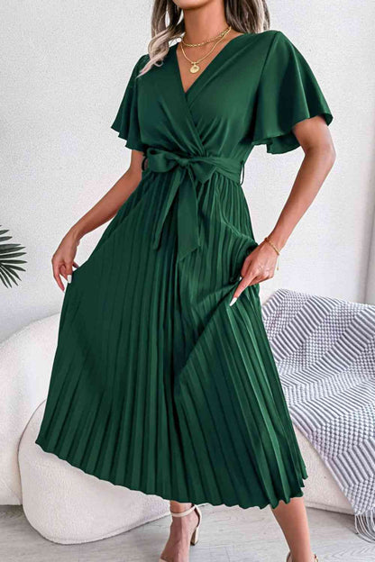 Pleated Flutter Sleeve Belted Dress