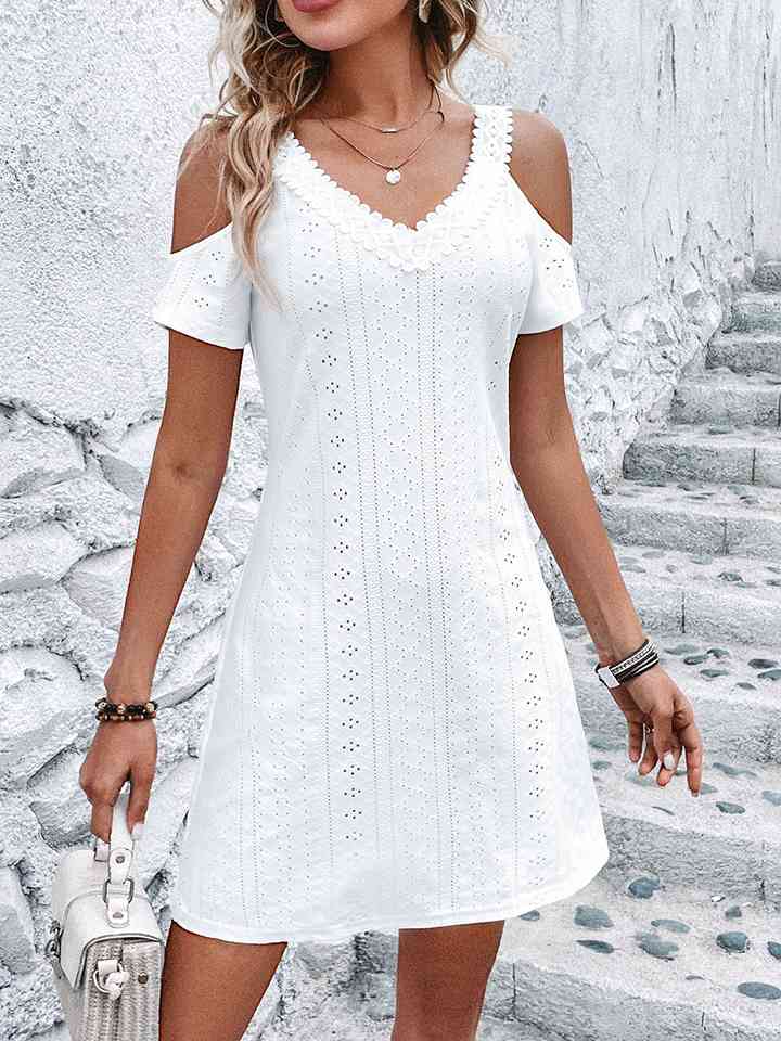 Eyelet V-Neck Cold-Shoulder Dress